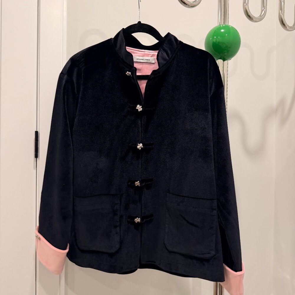 Galliano Landor Black & Pink Velvet Tang Suit Jacket Size xs